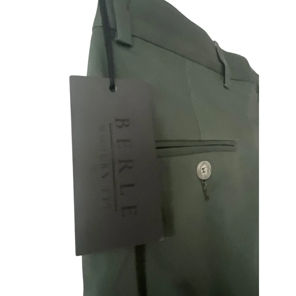 New Berle Modern Fit Chinos Dress Pants Olive Green Cotton Blend Mens 32W 32R